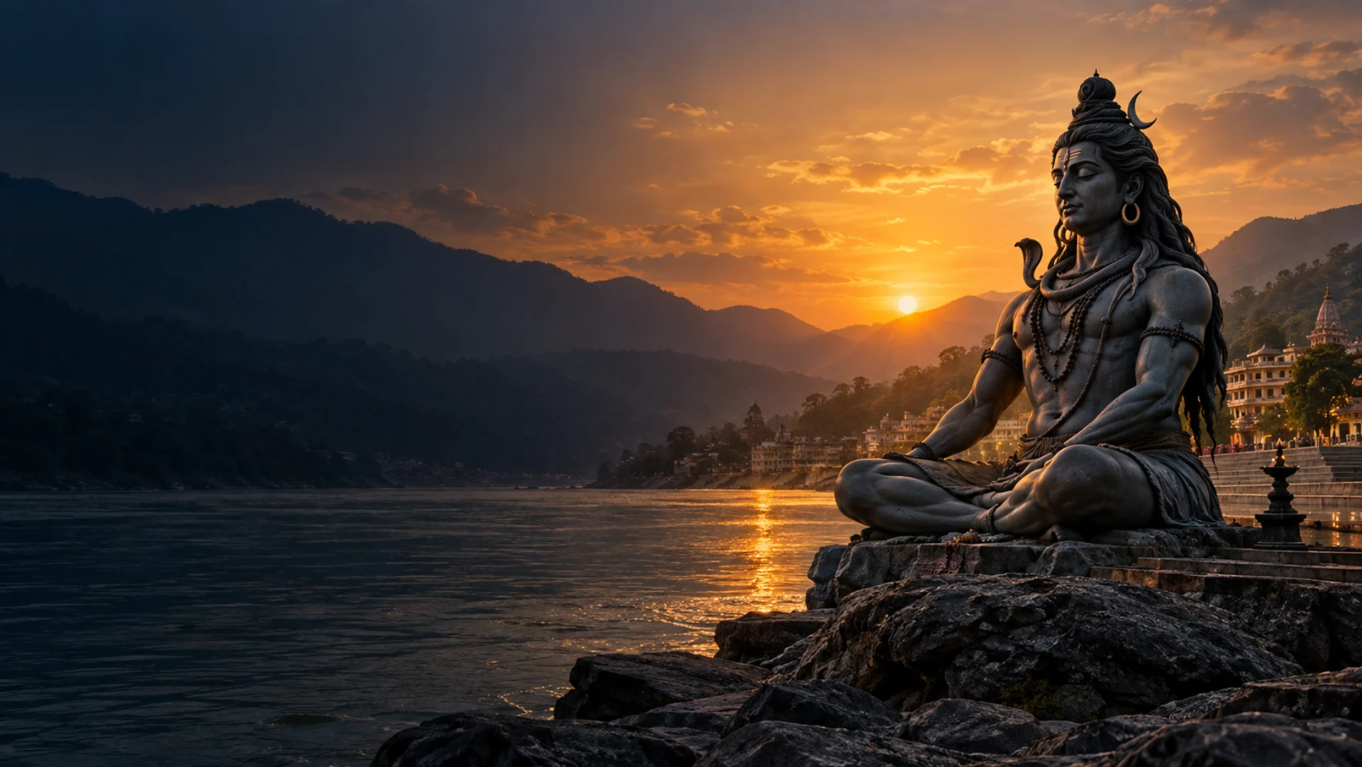Posąg Shivy nad Gangesem o zachodzie słońca w Rishikesh