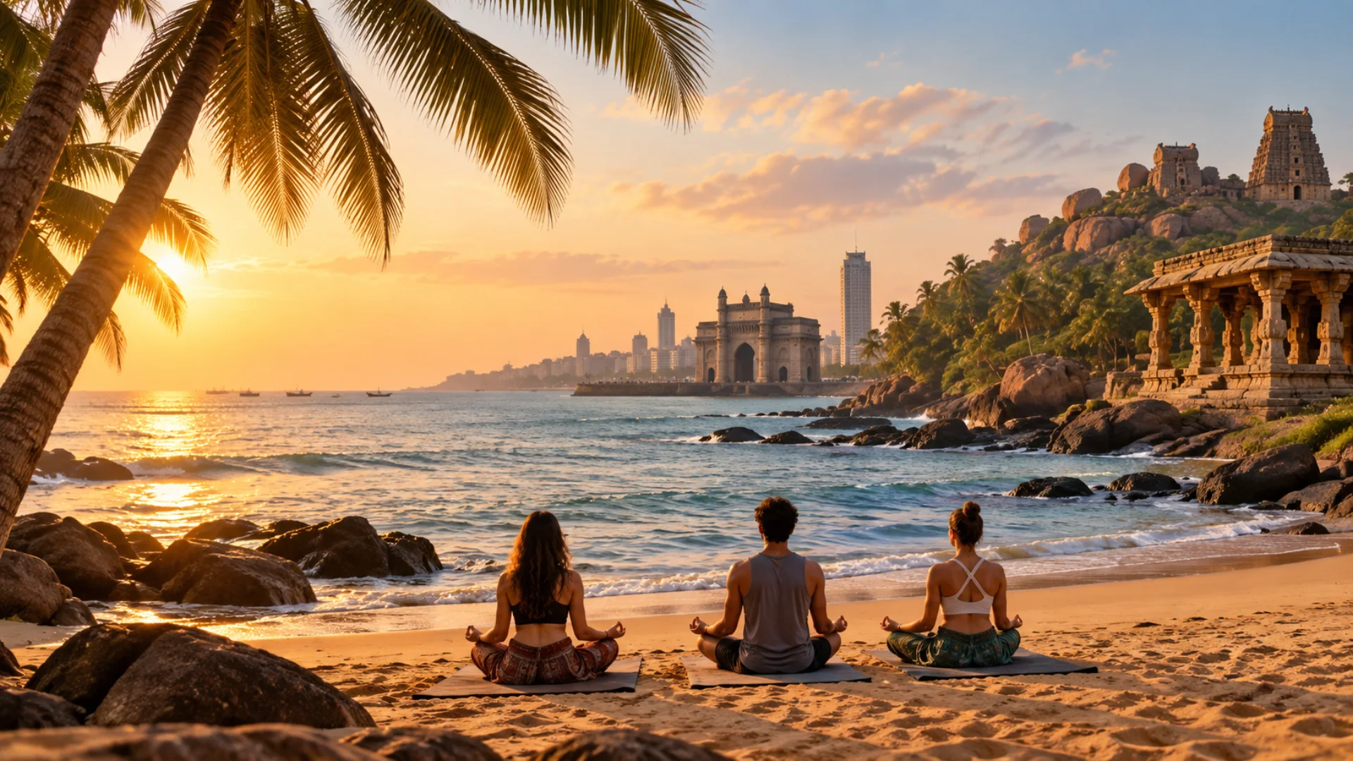 Joga na plaży Goa z widokiem na zabytki Mumbaju i Hampi